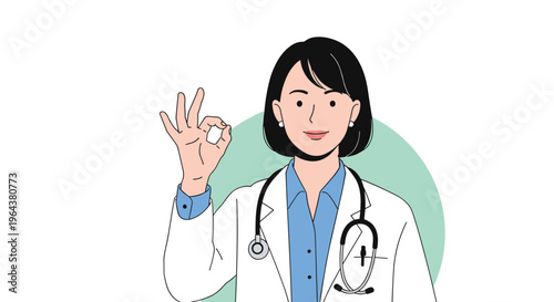 Confident female doctor in a white lab coat with a stethoscope making an okay hand sign for patient reassurance.