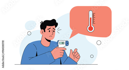 Concerned man looks at a digital non contact thermometer while a speech bubble shows a high temperature reading on a thermometer icon.