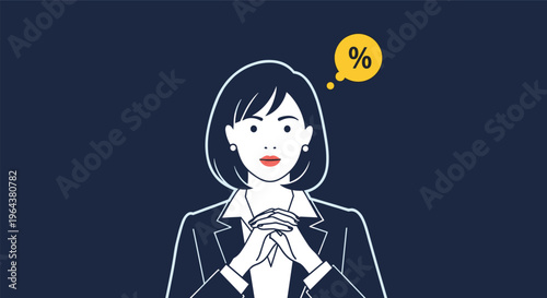Professional businesswoman in a dark suit with her hands clasped thinks about a yellow percentage icon floating in a speech bubble.