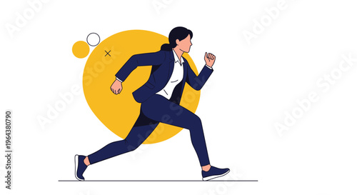 Focused businesswoman in a navy suit runs fast against a yellow circular background to represent speed, deadlines, or career goals.