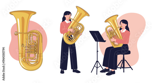 Musicians play the tuba in different poses including standing and sitting with a music stand against a soft abstract pink background.