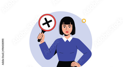 Serious young woman with short black hair holds up a round red and white sign with a black cross to indicate a negative answer.