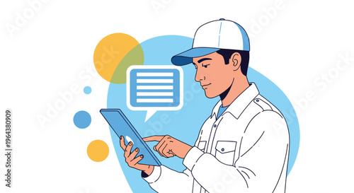 Professional delivery worker in a blue uniform and cap uses a digital tablet to manage orders and messages while on the job.