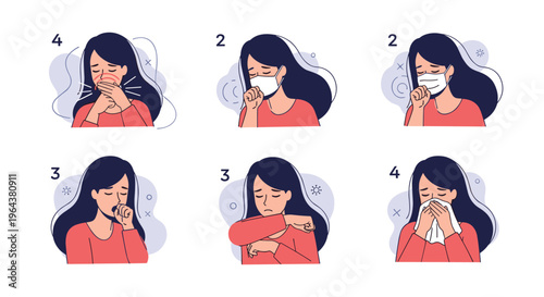Informational illustration showing different methods for a woman to cover her mouth and nose while coughing or sneezing.
