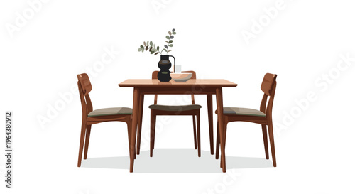 Elegant wooden dining table set with four matching chairs and a decorative vase with branches in a bright and airy room.