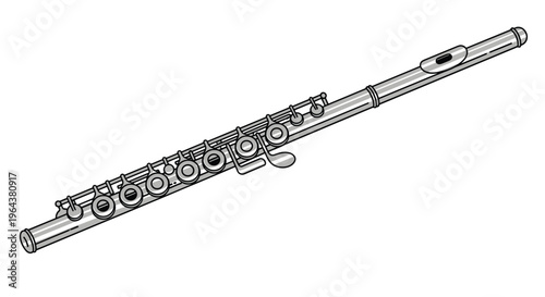 Detailed silver orchestral flute shown at an angle against a plain white background for music education and instrument sales.