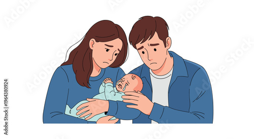 Worried mother and father hold their crying infant baby in their arms while expressing concern and sadness for their child.