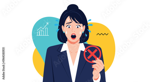 Panicked businesswoman with sweat on her face holds a red cross sign while looking shocked at declining business statistics.