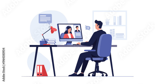 Professional man works from his home office while participating in a video conference with colleagues on his computer.