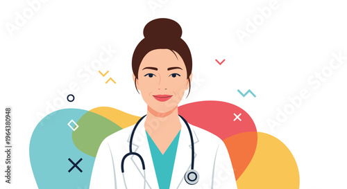 Confident female doctor wearing a white lab coat and stethoscope poses against a colorful abstract geometric background.