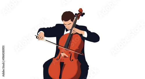 Talented male cellist in a tuxedo performs on his instrument with focus and passion against a minimalist white background.