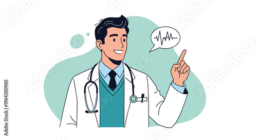 Friendly male doctor points to a speech bubble containing a heartbeat line to explain heart health or medical results.