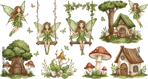 Whimsical illustration of fairies houses trees mushrooms and foliage in a fantasy forest scene