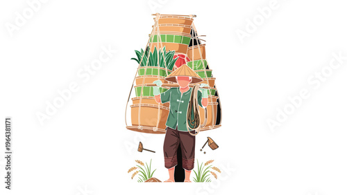 Harvest Burden: A lone figure, shoulders burdened with the bounty of the harvest, traverses a golden field, showcasing the strength and resilience of labor and tradition.