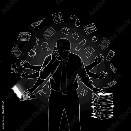 overwhelmed businessman multitasking with phone, papers and computer