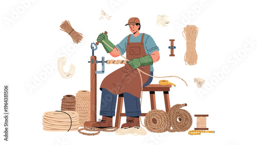 Crafting the Threads of Tradition: A skilled craftsman meticulously weaves a rope, surrounded by the tools and materials of his trade, showcasing the art of traditional craftsmanship.