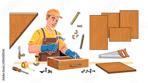 Craftsman's Creation: A skilled craftsman meticulously works on a wooden piece, surrounded by tools of his trade. He's engrossed in bringing his craft to life.