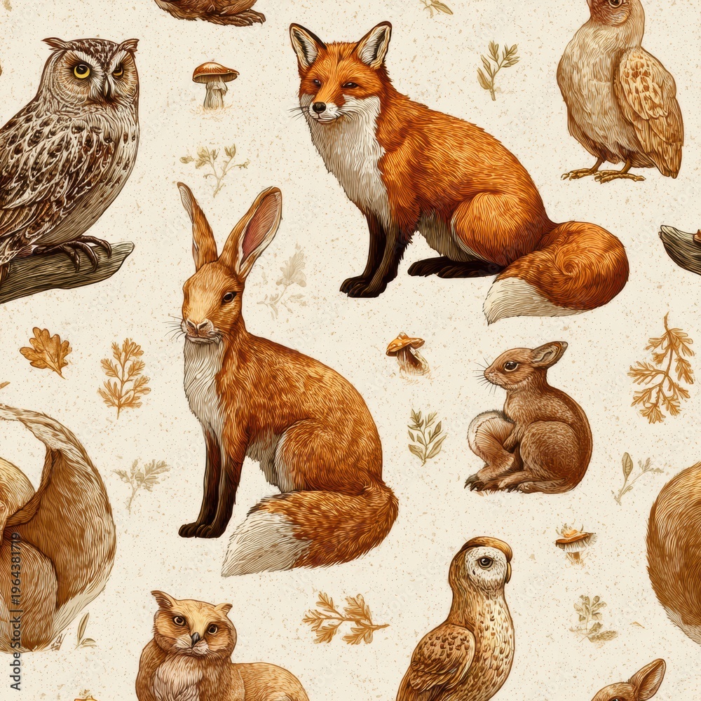 Obraz premium Seamless Vintage Animal Pattern With Fox, Rabbit, Owl, Deer, and Squirrel in Muted Tones on Aged Cream Background