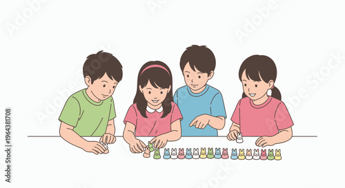 Diverse group of children playing a board game together at a table, fostering teamwork and fun