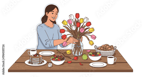 Woman arranging colorful tulips in a vase on a table set for breakfast with pancakes and fruit