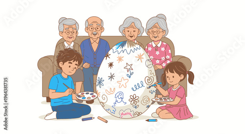 Generations painting a giant Easter egg together, celebrating family and spring traditions