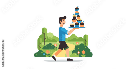 Man carrying a tall stack of cupcakes in a park, outdoor event, celebration, dessert delivery concept