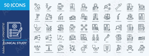Clinical Study icon set vector illustration. Containing icon of pharmaceutical, hospital, biomarker and more. Outline icon symbol collection