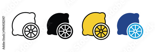 Fresh lemon citrus fruit with slice for organic food, healthy juice and vitamin C icon set. Sour yellow fruit for culinary and lemonade symbol. Vector Illustration.