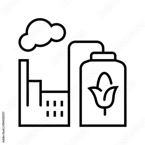 Biofuel plant icon. Industry and bioenergy line symbol. Black and white.