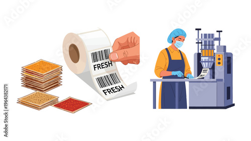 Food Packaging & Production: A food industry scene showcases a worker's hand applying a FRESH label with barcode to the label roll, alongside food items and machinery.