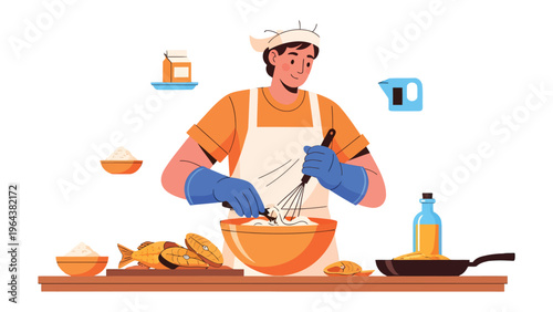 Culinary Creation: A chef expertly whisks ingredients in a bowl, preparing a delicious dish in the kitchen.