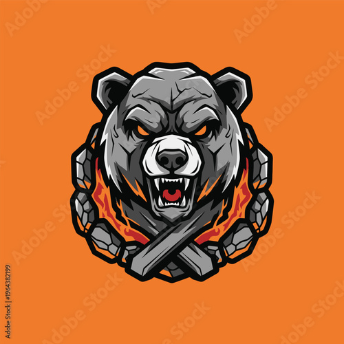 Gray bear head with angry expression.