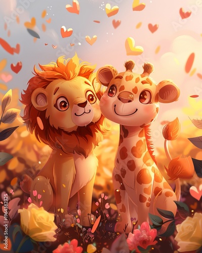 Joyful cartoon lion and giraffe in a vibrant floral garden with floating hearts above