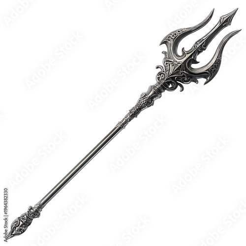 A highly detailed illustration of a shiny metallic trident with ornate design on a white background.