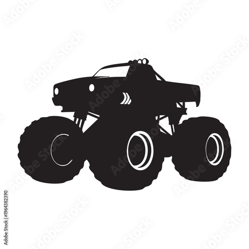 Black silhouette of a monster truck with large wheels isolated on white background vector illustrati