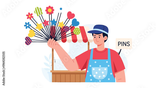 Pin Seller's Display: A seller displays a colorful collection of decorative pins, showcasing vibrant designs and a cheerful marketing