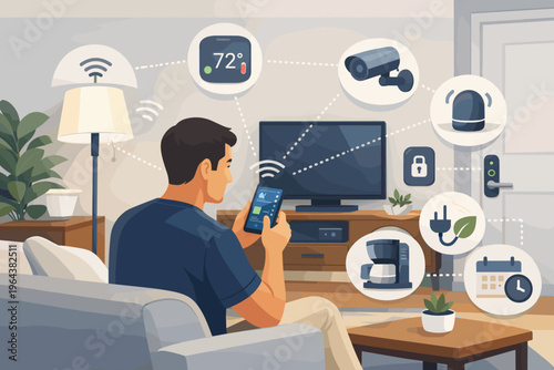 Man controlling smart home devices with smartphone app for convenience and security