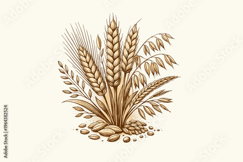 Vintage illustration of wheat and oat grains with seeds on a textured background