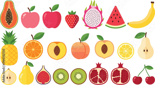 Fruit collection with apple banana pineapple kiwi pomegranate strawberry and tropical fresh food illustration set