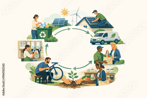 Illustrating a sustainable lifestyle cycle from recycling to renewable energy and local produce