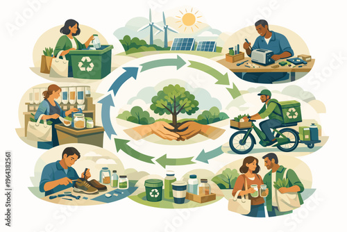 Illustrating the circular economy with diverse people engaging in sustainable practices