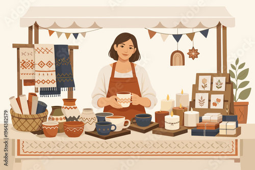 Artisan woman proudly displays handmade pottery and textiles at a market stall