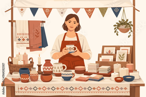 Artisan woman proudly displays handmade ceramic mugs at a vibrant market stall