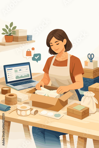 Woman entrepreneur packing orders in a home studio with laptop and supplies