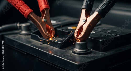 A close-up view of jumper cables connected to a car battery with sparks flying