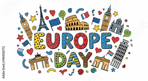 Europe Day Celebration: Landmarks, Flags, Hearts, Stars