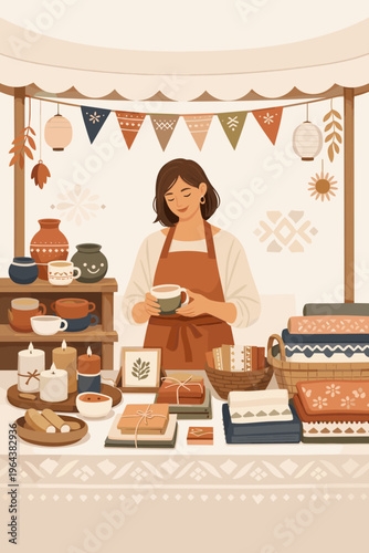 Artisan woman holding a cup at a craft market stall with handmade goods
