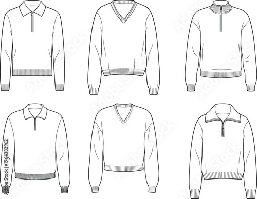 Men sweater collection set with polo, V neck and zip collar styles, front views, minimalist fashion templates – vector illustration