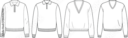 Men sweater collection with polo and V neck styles, front views, minimalist apparel templates, clean line fashion design set – vector illustration