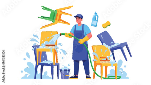 Chair Cleaning: A dedicated cleaner diligently sanitizes a collection of chairs, meticulously scrubbing and hosing them down with water, embodying a commitment to cleanliness.